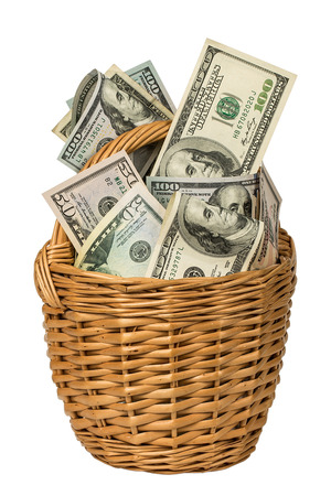 basket full of money isolated on white background.の写真素材