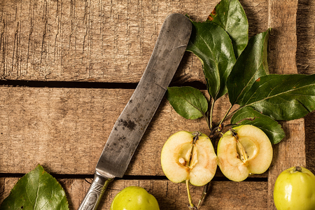 Composition with fresh apples on old wooden table. Healthy food concept. Flat layの写真素材