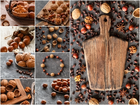 Nuts collage, different colorful nuts backgrounds. Healthy food concept. Collection of of nutsの写真素材