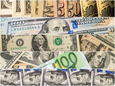 Collection of mixed paper money, dollar and euro. background money collectionの写真素材