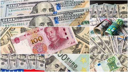 Collection of mixed paper money, dollar and euro. background money collectionの写真素材