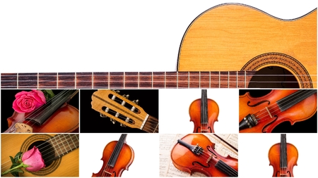 Photo of musical instruments. Music collage, classical guitar and violinの写真素材