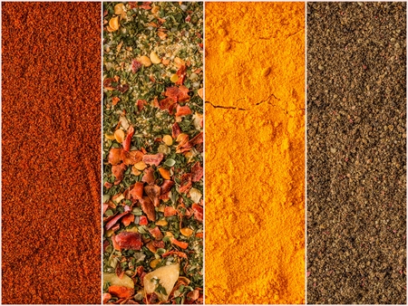 Photo of colorful mix stripes with spices backgrounds. Collection of herbs and spices. collage of condimentsの写真素材