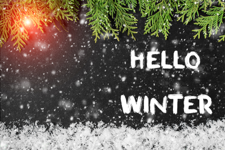 HELLO WINTER greeting card. concept of the fall season. Great season texture with december and winter moodの写真素材