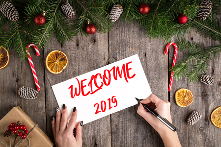 WELCOME 2019 hand lettering inscription on wooden background.の写真素材