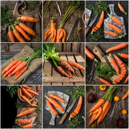 Set of carrots. collection of fresh and delicious vegetables. collage of organic carrots. Healthy vegan foodの写真素材