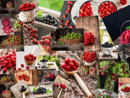 Large set of fresh berries.  Collection of juicy berries.  Summer harvest of berriesの写真素材