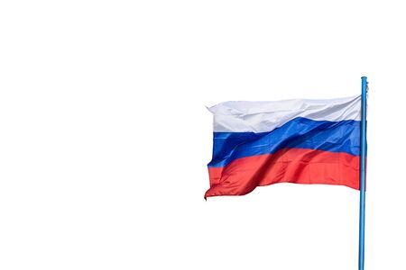 Russia flag waving on white background. Fluttering flag of the Russian Federation isolated on a white backgroundの写真素材