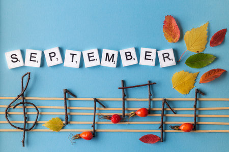 Musical notes conception. Wooden musical notes and leaves life on blue paper background. beautiful...