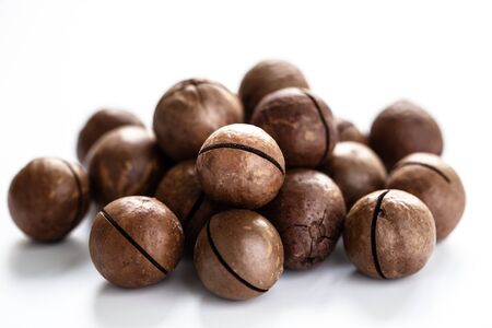 Pile of macadamia nuts isolated on white background. Ripe macadamia nuts closeup. Small Depth of Fieldの写真素材