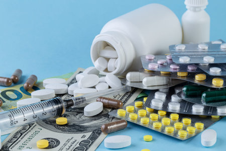 Medical pills are on a money on a blue background. Medical pills on money background as a symbol of...