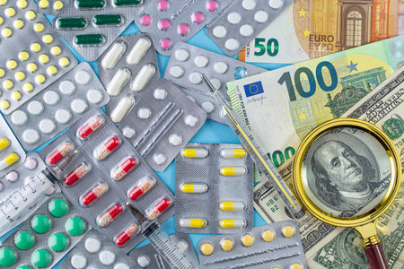 Different medicines and money. The rising cost of health care. Medical pills on money background as...