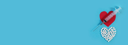 Medical banner with space for text. Heart shape made of pills and syringe on blue background.の写真素材