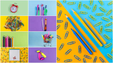 Collage photos of various stationery on background of multicolored paper. Back to school and education concept. Top view, flat lay stationery with copy spaceの写真素材