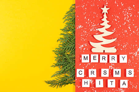 Christmas composition with coniferous tree branches, with space for text.の写真素材