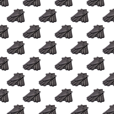 Seamless pattern with Pair of mens black leather gloves isolated on white background. black new...