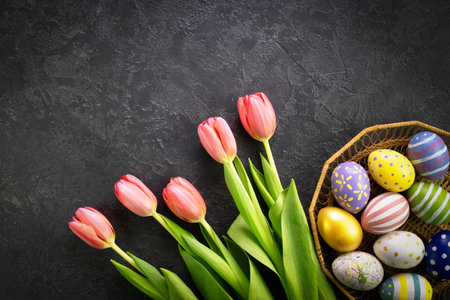 Basket with easter eggs and pink tulips on a dark concrete background. Hello spring and easter concept.の写真素材