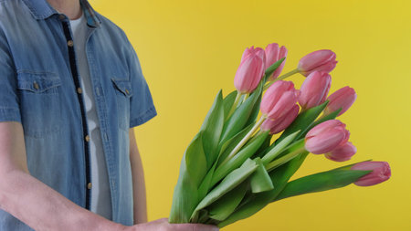 Bouquet of tulips. Man with a bouquet of tulips. Mans hand gives a bouquet of flowers. Fresh pink tulips. Mothers day, 8 March, Valentines Day, Birthday.の写真素材