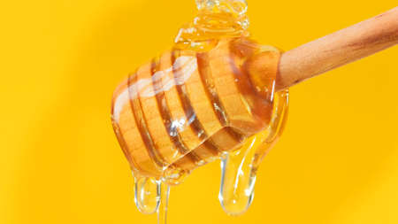 Close up fresh fluid honey pouring and flowing from wooden dipper spoon over yellow background with copy space. honey dipping from a wooden honey spoon. Healthy food concept, dietの写真素材