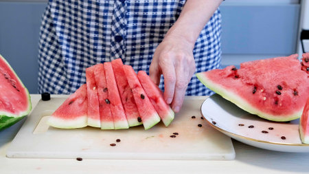 Watermelon season. Female hands serving triangular slices of ripe juicy watermelon with red flesh on white plate. Healthy summer food concept. Fresh watermelon sliced close up on plateの写真素材
