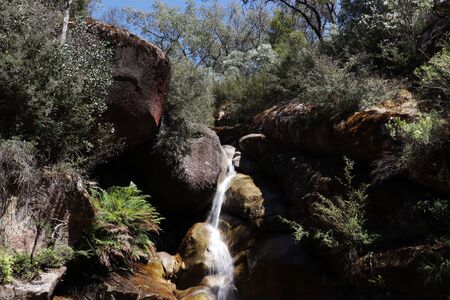 Small waterfall surrounded by large boulders, trees and other plantsの写真素材