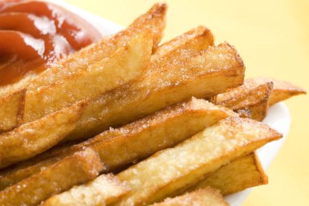 Close up fries with ketchup.の写真素材