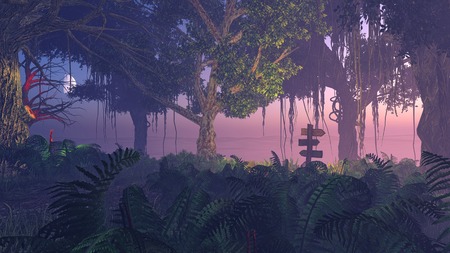 Realistic 3D illustration of fern thicket at nightの写真素材