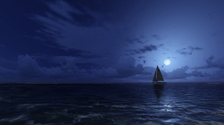 Lonely sailboat in the night ocean under half moonの写真素材