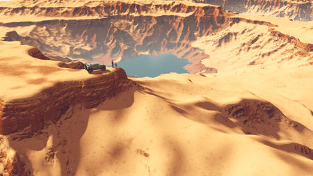 Travelers on the top of canyon mountainの写真素材