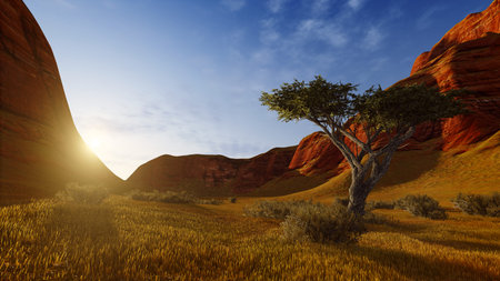 Lonely tree among red rocks at sunrise or sunset. Realistic 3D illustration was done from my own 3D...