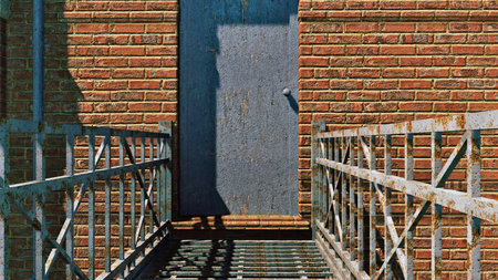 Closeup of the closed rusty metal door in a red brick wall