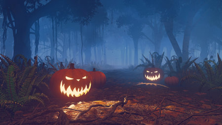 Halloween pumpkins in a misty forest close upの写真素材