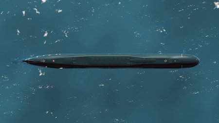 Surfaced russian Borei class submarine top view