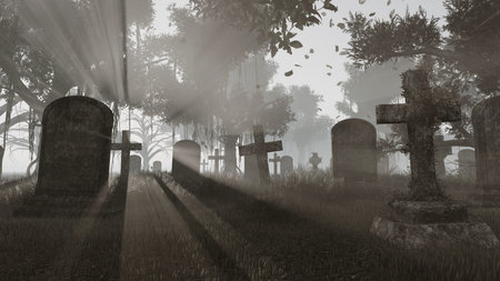 Old abandoned graveyard at last sunset rays. Monochromatic 3D illustration was done from my own 3D rendering file.の写真素材