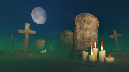 Lighted candles near the old gravestone at spooky night cemetery