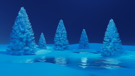 Dreamlike winter scenery. Snow-covered spruces and frozen lake among snowbanks.の写真素材