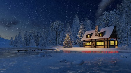 Rustic House With Smoking Chimney And Luminous Windows And