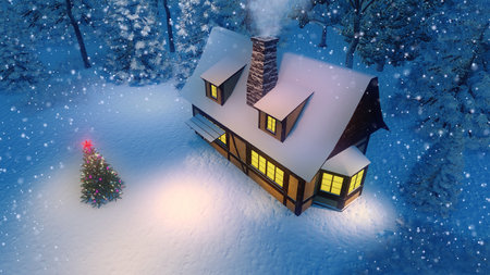 Cozy rustic house with smoking chimney and decorated Christmas tree at snowing night Top view