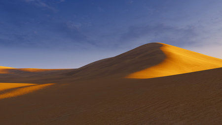 Beautiful desert scenery. Sandy african dunes with long shadows at sunset.