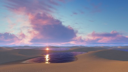 Fantastic sunset glow in sky above unique white sand dunes desert and water lagoons in Lencois Maranhenses National Park in Brazil. 3D illustration.の写真素材