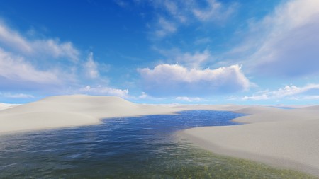 Unique white sand dunes desert and rainwater lagoons in Lencois Maranhenses National Park in Brazil at sultry day. 3D illustration.の写真素材