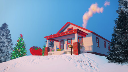 Santas house decorated for Christmas with gift boxes on its porch, smoking chimney and outdoors Christmas tree at winter evening or morningの写真素材