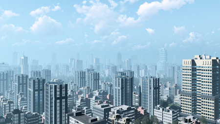 Modern high rise buildings skyscrapers in the heart of abstract city downtown against cloudy sky...