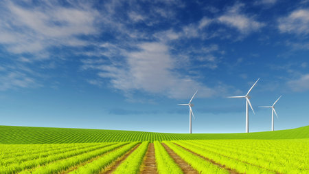 Countryside scenery with long rows of fresh green agricultural crops on organic eco farming field and wind turbines against blue sky with clouds 3D illustrationの写真素材