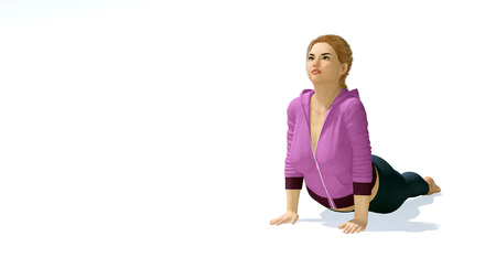 Young attractive plus size caucasian blonde woman practicing yoga in cobra or upward facing dog pose on copy space white background. 3D illustration from my own 3D rendering file.の写真素材