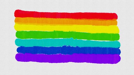 Hand painted rainbow colors watercolor brush strokes stain on textured paper white background. Digital art painting abstract artistic element for border frame design.の写真素材