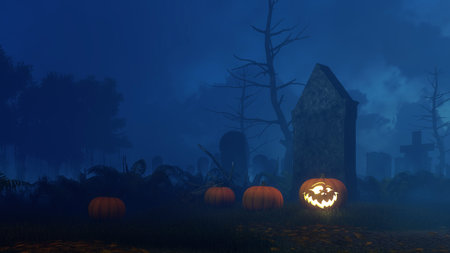 Abandoned spooky graveyard with Jack-o-lantern carved halloween pumpkin near old decaying tombstone...