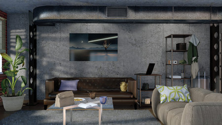 Modern loft style living room interior 3D illustration