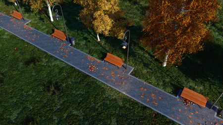 Top down view of pavement walkway with empty benches, colorful autumn trees and fallen leaves in a city park at dusk. With no people fall season 3D illustration from my own 3D rendering file.の写真素材