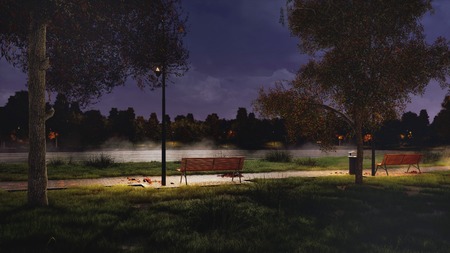 Park walkway lit by street lamps on the shore of calm lake with empty benches, dark trees silhouettes and fallen autumn leaves at misty night. 3D illustration from my own 3D rendering file.の写真素材